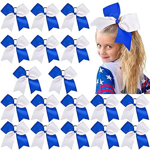 18PCS 8" Large Cheer Bow White Blue Ponytail Holder Elastic Band Hair Ties Hair Bow Accessories for Cheerleading Teen Girls High School College Softball Competition Sports