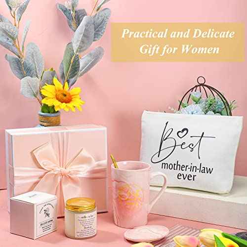 Lallisa 4 Pcs Best Mother-in-Law Ever Gift Box Coffee Mug Lavender Scented Candles Makeup Bags for Mother's Day Birthday Gifts from Daughter-in-Law Son-in-Law