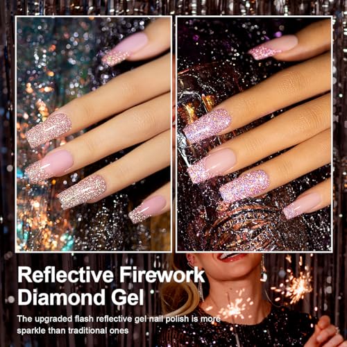 RARJSM Reflective Glitter Gel Nail Polish Set 6 Colors Sparkle Sliver Champagne Gold Pink Orange Black Red Rainbow Sequins Gel Nail Polish Soak Off U V Diamond Gelpolish DIY Salon Manicure at Home