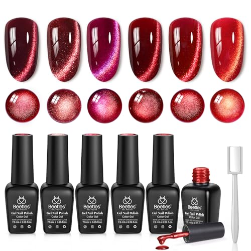 Beetles Red Cat Eye Gel Nail Polish Set - Sultry Burgundy Cat Eye Gel Polish, 6 Colors Burgundy Dark Red Glitter Red Magnetic Fall Gel Polish Kit Soak Off UV Nail Art Salon DIY Manicure Gift for Women