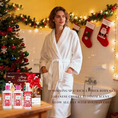 Christmas Bath and Body Gift Set - Festive Japanese Cherry Blossom Spa Kit with Gel, Lotion, Mist, a Must-Have Holiday Gift for Mom, Wife, Sister & Friends to Celebrate Christmas