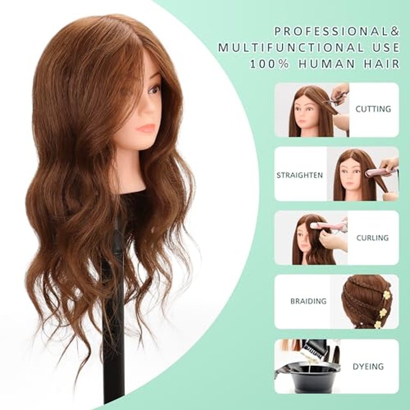 24-26¡¯¡¯ Cosmetology Mannequin Head with 100% Real Human Hair, 100% Human Hair Hairdresser Cosmetology Mannequin Manikin Training Head Hair and Free Clamp Holder