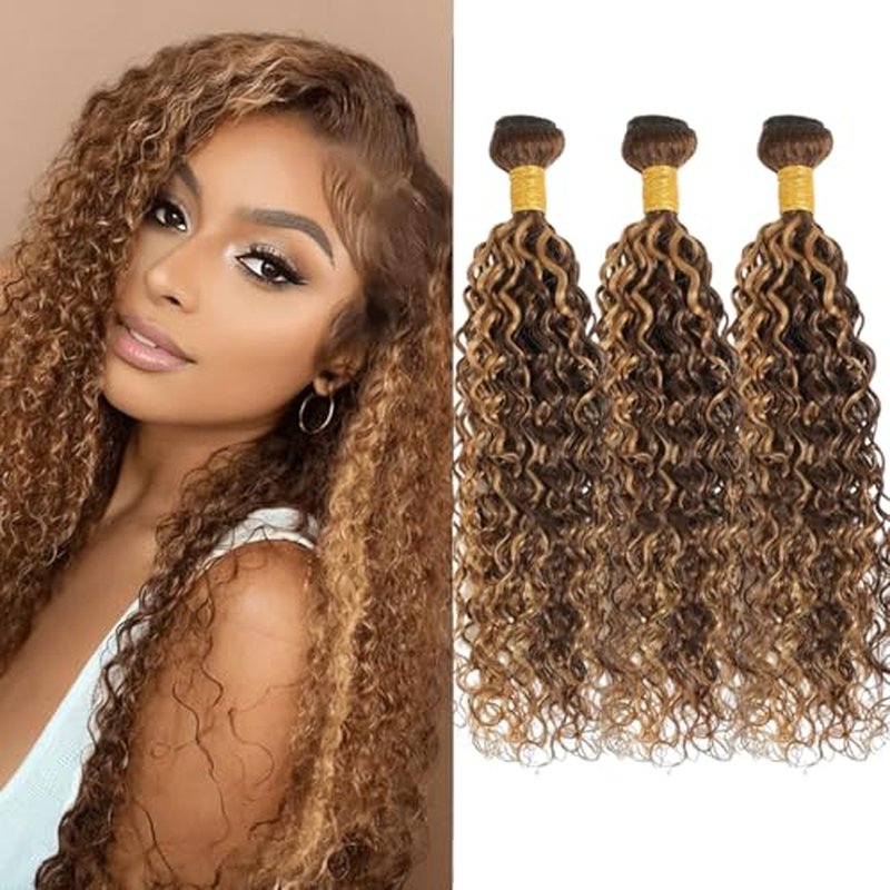 Blonde Highlight Bundles Human Hair 12 14 16 Inch Water Wave Bundles Brazilian Virgin Hair Weave 3Bundles Hair Deal£¨Brown and Blonde #P4/27£©