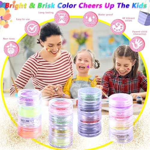 Temporary Glitter Tattoos Kit Kids, 48 Colors Powder with 209 Temporary Tattoo Stencils and 5 Luminous Tattoo Stickers, Body Nail Arts and Craft Glitter Make Up Kit, Gifts for Girl Boy Party