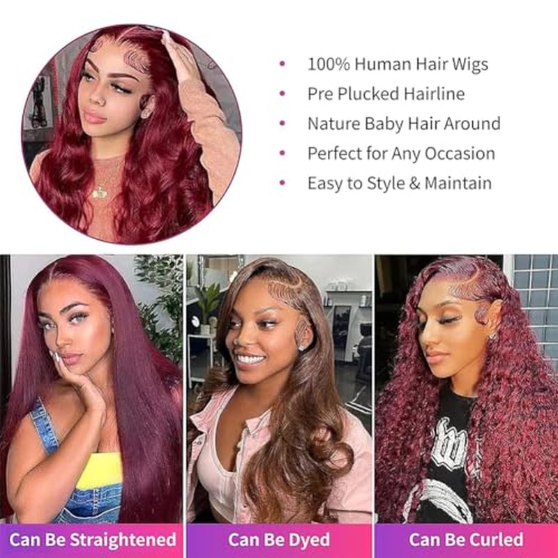 99j Burgundy Lace Front Wigs Human Hair 26 Inch 13x4 Body Wave Burgundy Lace Front Wigs 180 Density HD Transparent Glueless Wigs Human Hair Pre Plucked with Baby Hair