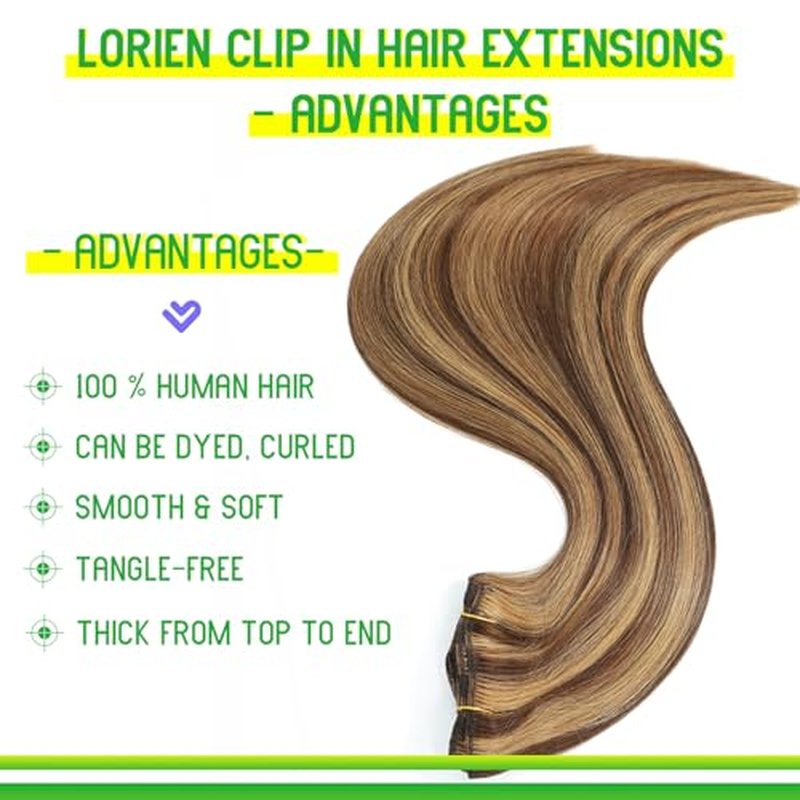 LORIEN Clip in Hair Extensions Real Human Hair, 14 Inch 80g, 4/27 Chocolate Brown to Caramel Blonde Color, Clip in 100% Brazilian Remy Human Hair Extensions 8pcs Per Set with 18 Clips Double Weft