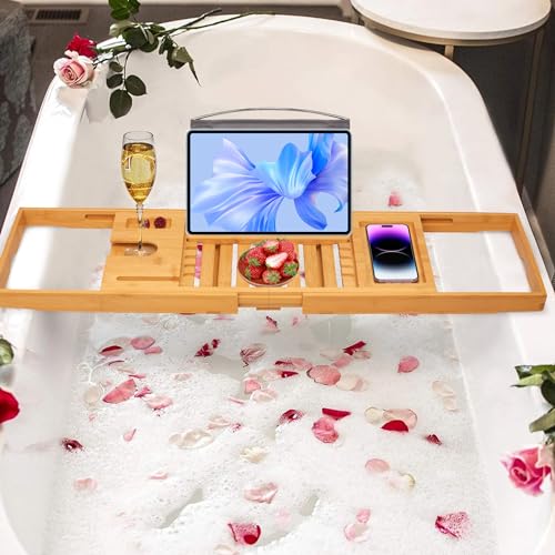Artmalle Luxury Bathtub Caddy Tray for Tub - Foldable Bamboo Bath Table Tray with Book and Wine Glass Holder, Expandable Bathroom Accessories for Spa or Reading Lite Style