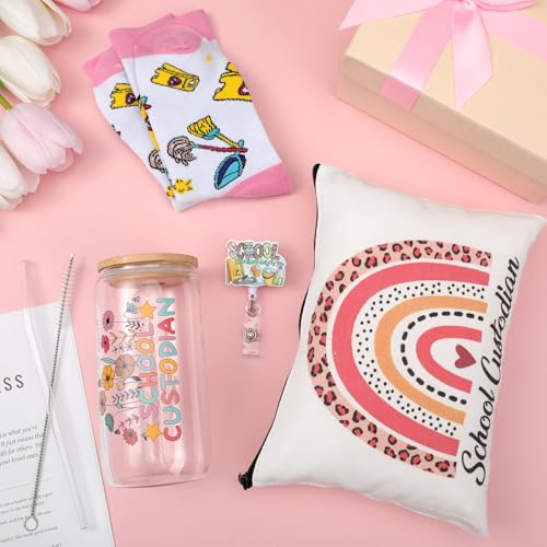 Skylety 5 Pcs Christmas School Custodian Gifts for Women 16 oz Glass Cup Socks Cosmetic Bag Badge Holder School Custodian Appreciation Gift Box for Thank You Janitor Staff Cleaning Lady