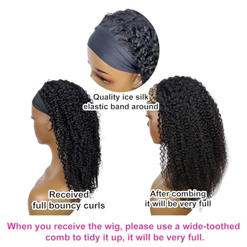 Kinky Curly Headband Wig Human Hair 14 Inch Headband Wigs for Women Human Hair Glueless None Lace Front Curly Wave Wigs Brazilian Virgin Hair Wear and Go Glueless Wig 150% Density Natural Black Color