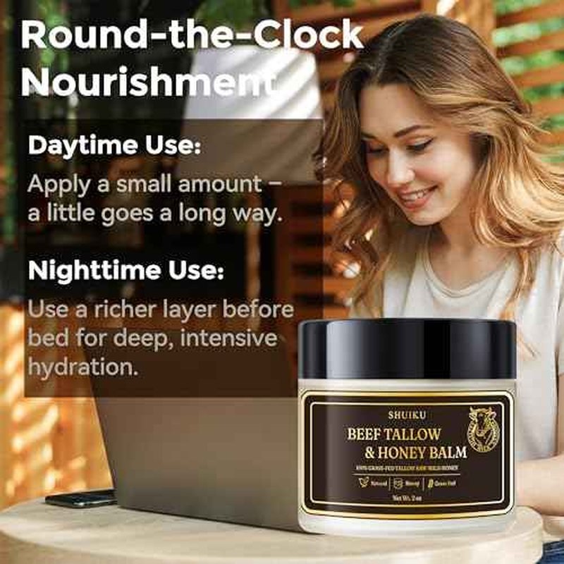 Beef Tallow and Honey Balm for Face, All-Natural Tallow and Balm for Face & Body, Grass-Fed Tallow with Raw Wild Honey, Ultra-Hydrating Moisturizer for Men and Women