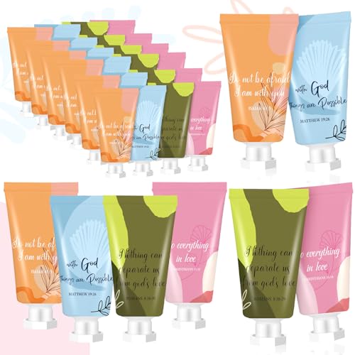 24 Pcs Christian Hand Lotion Bulk Gifts for Women Breast Cancer Awareness Accessories Bible Verse Mini Travel Hand Cream Religious Gift for Church Members Prayers Teachers Coworkers Homeless
