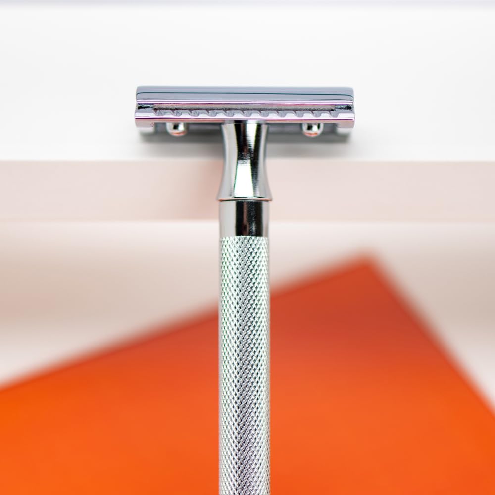MERKUR 24C Safety Razor For Women with 10 Double Edge Blades | Extra Long Handle | Three-piece Razor | Straight Cut | Bright Chrome Finish | Made in Germany