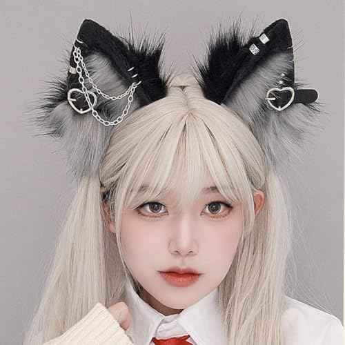Furry Cat Ears Headband Punk Gothic Heart Clips Animal Ears Hair Hoop for Halloween Cosplay Costume Party