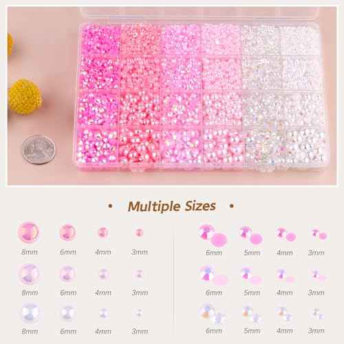 9000PCS Flatback Pearls and Pink Rhinestones for Bedazzling Kit, Pink White 3-10mm Resin Rhinestones Gems and Half Pearls for Crafting, Nail Art and Grad Cap Decor with B7000 Jewelry Glue