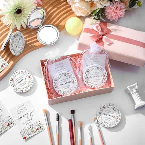 12 Set Inspirational Gifts for Women Bulk Motivational Compact Mirror Makeup Pocket Mirror for Purse Double Sided Folding Mirror Inspirational Gift Cards with Bag for Women