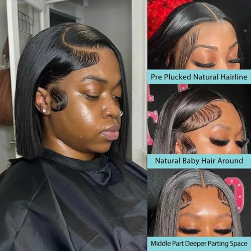 Short Straight Bob Wig Human Hair 13x4 HD Lace Front Bob Wigs 200 Density 10 Inch Glueless Bob Wigs Pre Plucked with Baby Hair Transparent Lace Frontal Short Bob Wig for Women Natural Black