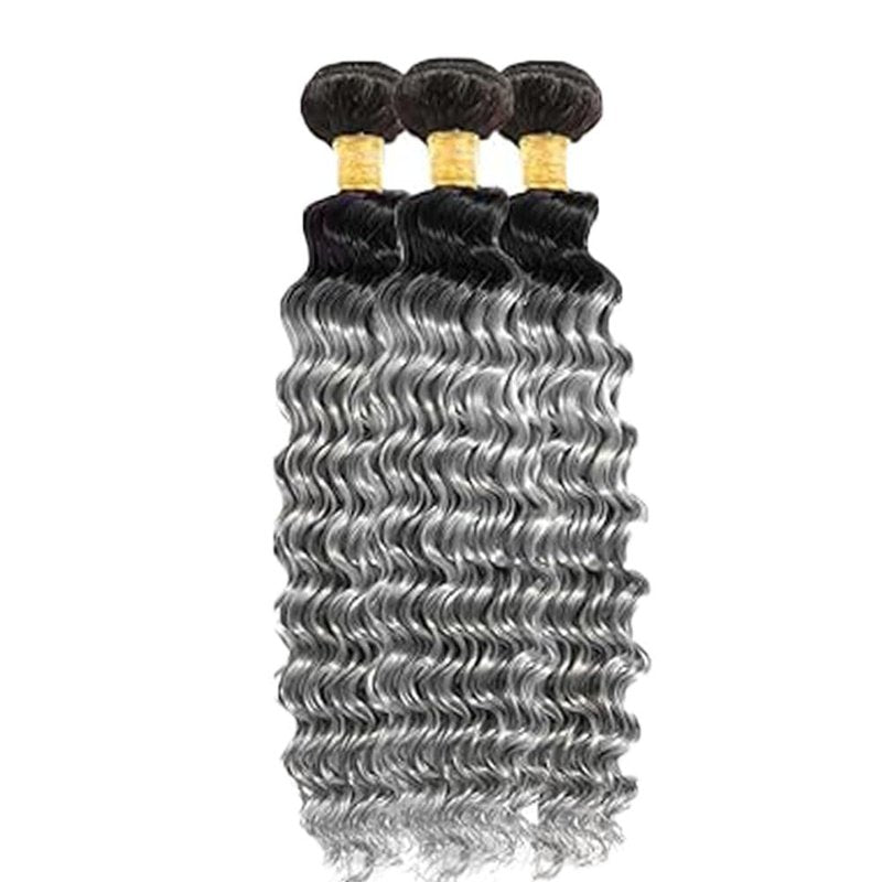 Ombre Grey Human Hair Bundles - 16, 18, 20 Inch Deep Wave | 12A Unprocessed Brazilian Virgin Hair for Black Women