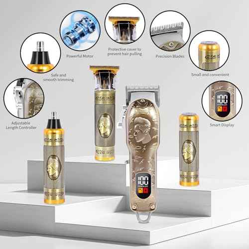 Professional Hair Clipper Set Men's Cordless Hair Clipper T-Shaped Blade Beard Trimmer Nose Hair Trimmer Electric Shaver Rechargeable Professional Hair Trimmer Set (Bronze)