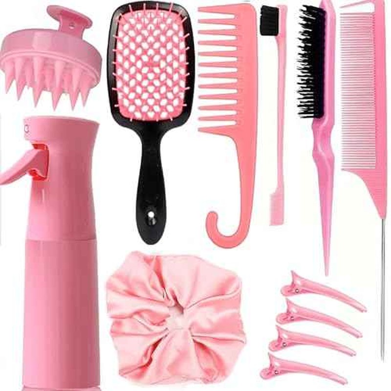 12 Pcs Hair Brush Set with Hair Spray Bottle for Toddlers, Women, Detangling Brush for Wet Dry Curly Hair, Edge Bristles Wide Tooth Rat Tail Combs for Baby Girls (pink)