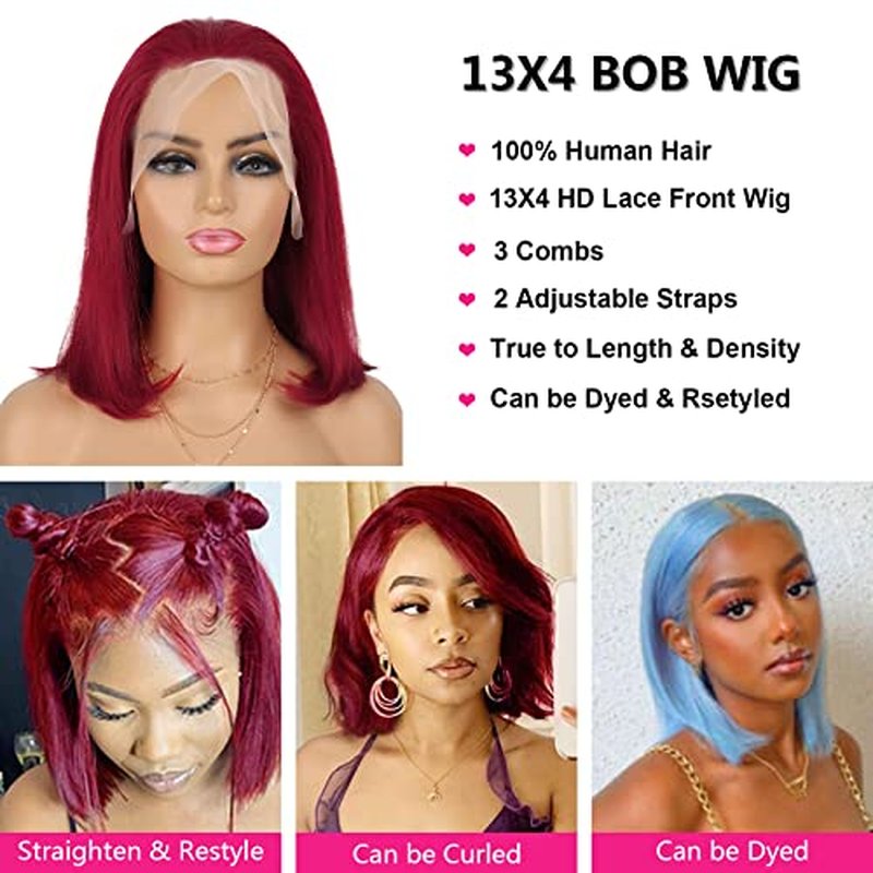 14 Inch 200% Density Red Bob Wig Human Hair 13X4 HD Lace Front Wigs for Black Women Silky Straight Bob Lace Wigs Pre Plucked Hairline Red Wigs