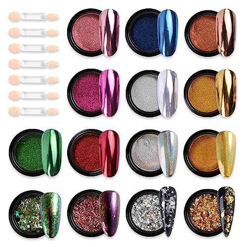 Chrome Nail Powder Set 14 Colors Pink Blue Silver Metallic Effect Mirror Powder for Nails with Brushes Holographic Pigment Chameleon Flakes for Nails Gold Leaf Decoration Nail Supplies