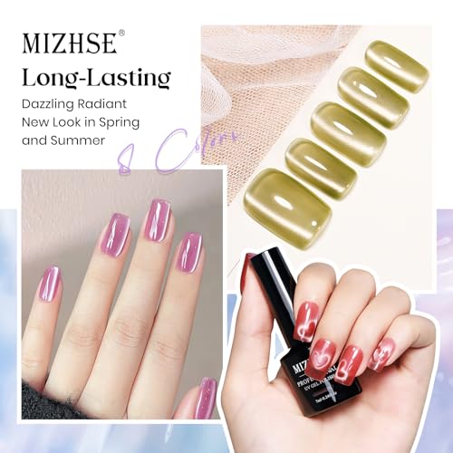 MIZHSE Cat Eye Gel Nail Polish: 8 Colors Ceramic Magnetic Gel Polish Set with Magnet Stick, Crystal Glass Pink Green Blue Spring Colors Smoothie Nail Gel Soak Off UV/LED Nail Art Salon Home Gift