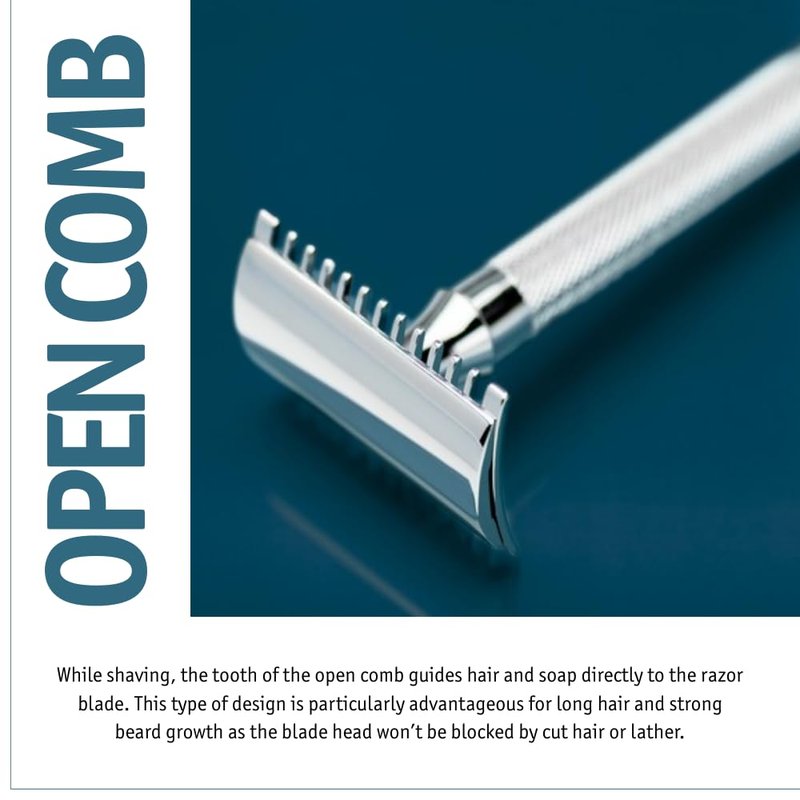 MERKUR 25C Double Edge Safety Razor in Bright Chrome with an Open Comb Design, Long Handle, Made in Germany, Plastic-Free, Three-Piece Design, and Straight Bar