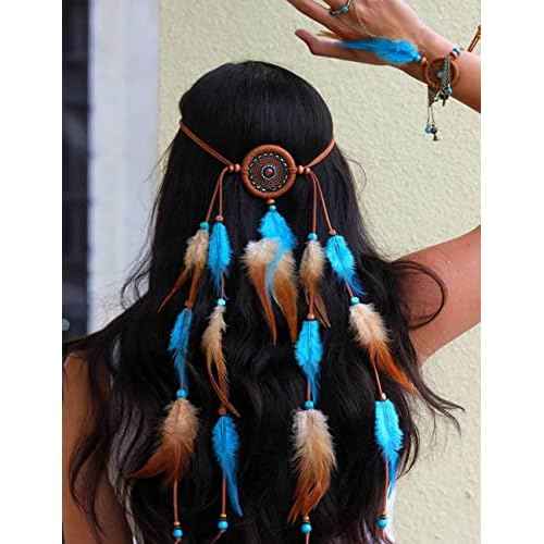 Jumwrit Bohemian Dreamcatcher Feather Headband Indian Gypsy Headpiece with Blue and Brown Feather Tassel Elastic Band Beaded Hairband Hippie Costume Accessories for Women and Girls