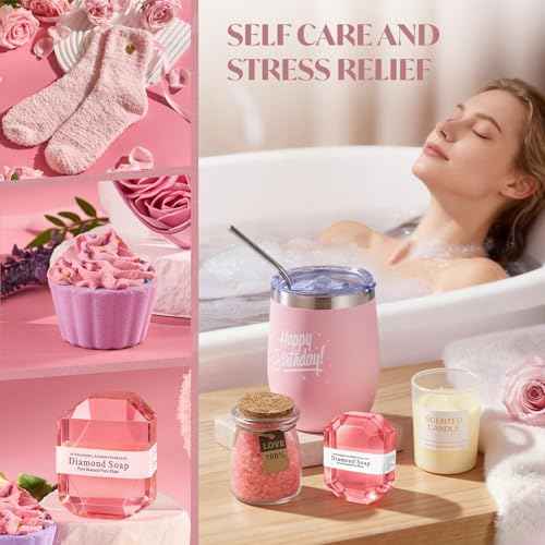 Briney 11Pcs Birthday Gift Baskets for Women, Pink Gift Basket Set, Birthday Themed Present Self Care Spa Bath Set Get Well Soon Package for Mom Wife Sister Friend, Pink