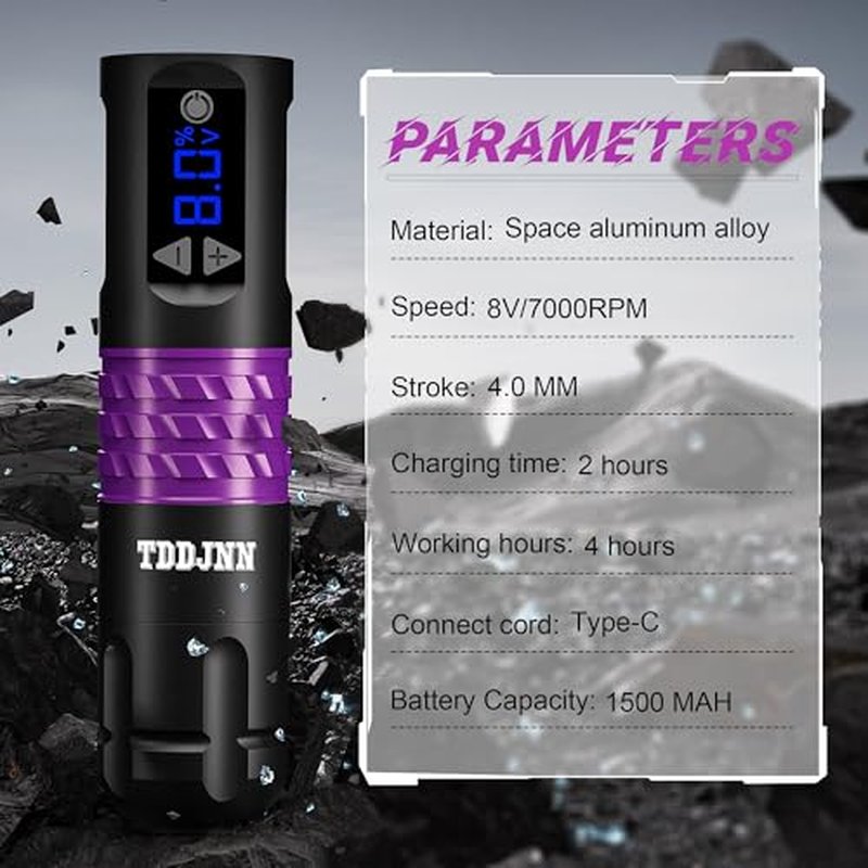 Professional Tattoo Gun Set Wireless Tattoo Machine Pen Set 1500mAh Battery Disposable Tattoo Needles 10 Purple Suitable for Beginners and Artists Portable LED Digital Display (BLACK)