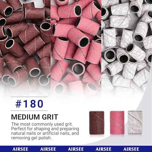 AIRSEE Sanding Bands for Electric Nail Drill 100 Piece Set 180 Grit Medium Acrylic File Attachments Professional Sander 1 Mandrel Bit Beauty Salon Accessories Manicure and Pedicure Finger Callus Brown