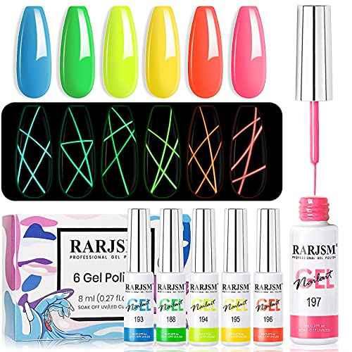 RARJSM Gel Nail Art Polish, Glow In The Dark Gel Liner Art Set Luminous Painting Gelpolish For NailArt Fluorescent Bright Colors Hot Pink Neon Yellow Green Blue Orange Nail Kit For Christmas