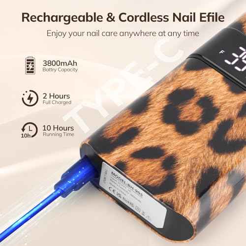 Lavinda 35000RPM Electric Nail Drill, Professional Cordless Nail Drill Machine Portable Rechargeable Nail Efile for Acrylic Gel Nails, Manicure Pedicure Tools for Salon Home Use-Leopard Print