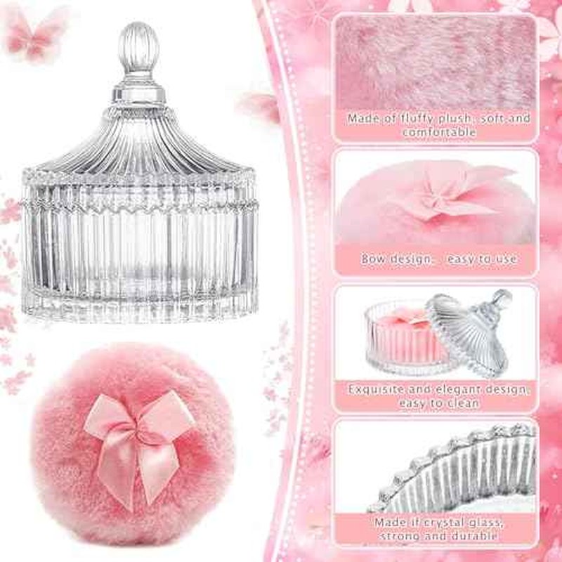 3 Pcs Large Body Powder Puff and Container, Powder Container with Puff, Velour Dusting Powder Puff with Crystal Case, Washable Reusable Puff for Women Baby Bath Travel Glitter Wet Dry Makeup