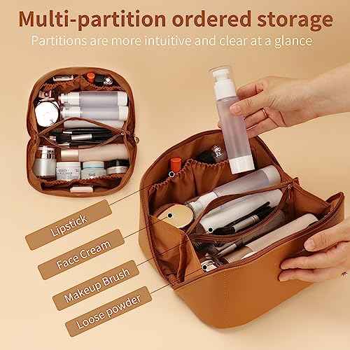 3 Pcs Travel Makeup Bag Portable Large Capacity Cosmetic Bags for Women Open Flat Makeup Case Organizer Bag Set of 3 Waterproof PU Leather Toiletry Bags with Divider and Handle (Brown, Medium)