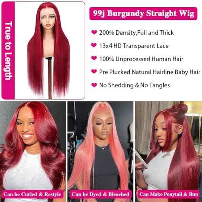 SOSATISFY 26 Inch 99J Burgundy Lace Front Wigs Human Hair 200 Density 13x4 HD Lace Front Wigs Straight Lace Wigs for Black Women Glueless Wig Pre Plucked Bleached Knots with Baby Hair