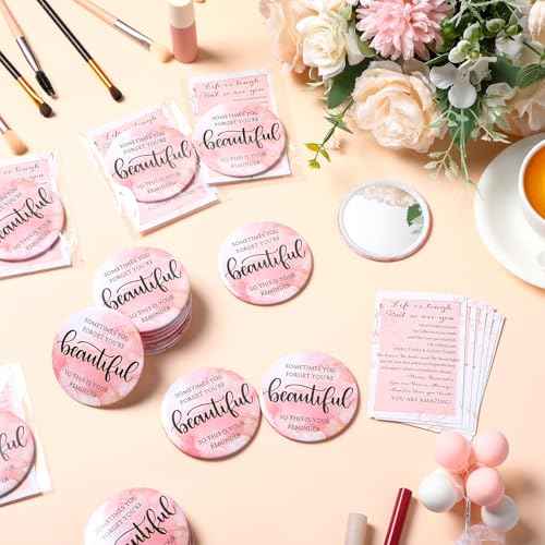 50 Pcs Inspirational Mini Compact Mirror Bulk for Women Christmas Pink Pocket Gifts Portable Round Purse Mirrors Thank You Reminder Gift for Coworker Employee Staff Nurse