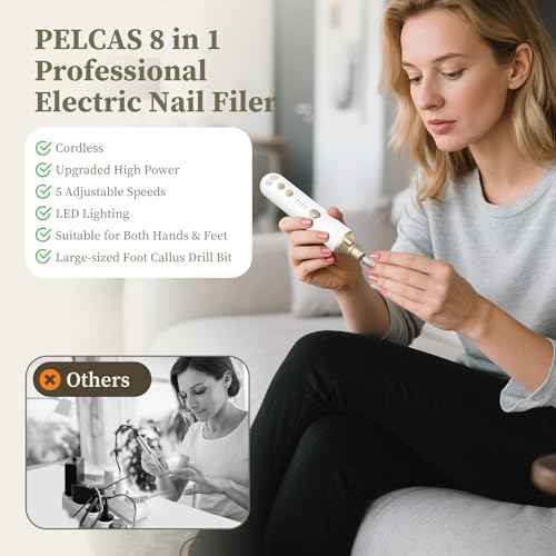PELCAS 8 in 1 Cordless Nail Drill, Electric Nail Filer 5 Speeds Manicure & Pedicure Kit with LED Light, Electric Foot Callus Remover for Foot Callus, Toenail, Thick Nails, Finger Nails Golden