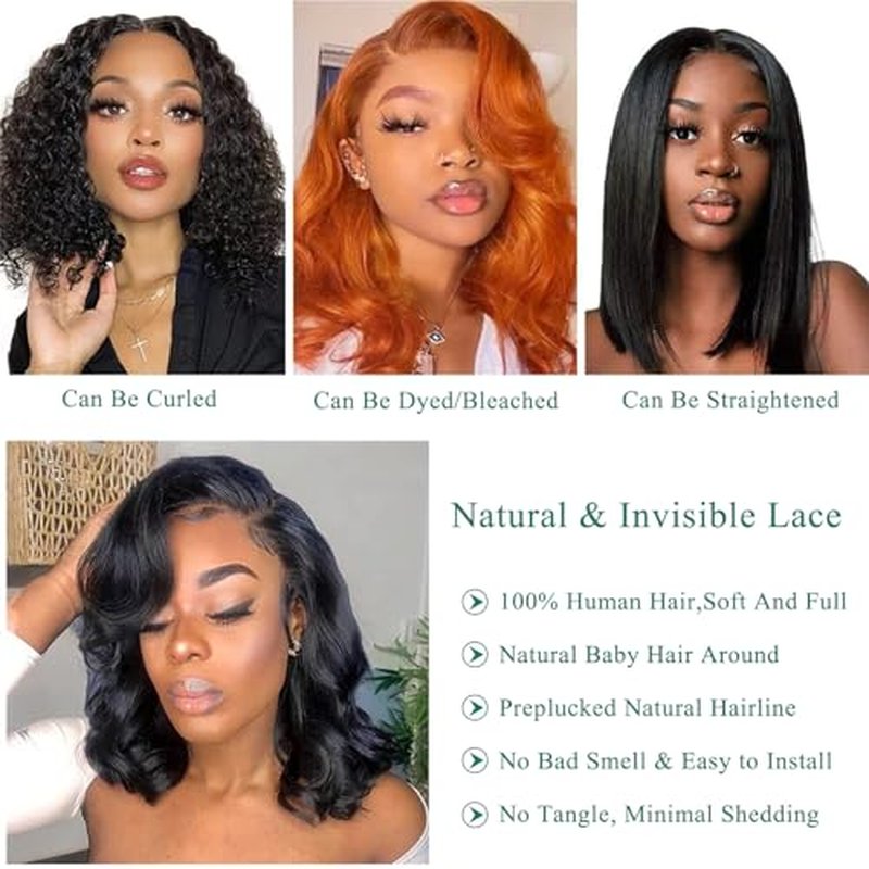 Douyin Bob Wig Human Hair 13x4 Lace Front Wigs Human Hair Pre Plucked Body Wave 180% Density 14 Inch HD Lace Frontal Short Glueless Wigs for Women (14 inch, Natural Black)