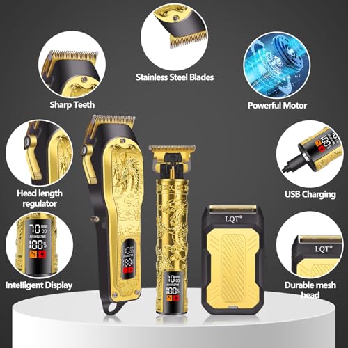 Professional 3-in-1 Haircut and Shaving Set, Gold Design LED Display 17 Accessories + Travel Storage Box, Equipped with Large Capacity Battery, Holiday Gift, Men's Gift