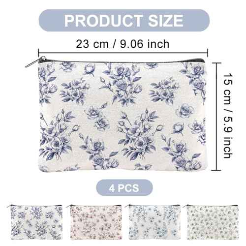 4Pcs Flower Makeup Bags 5.91x9.06 inch Orchid Roses Daisy Canvas Cosmetic Bags with Zipper Canvas Travel Toiletry Pouches for Women Party Shopping Home Travel Accessories