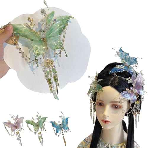 Large Fairy Wing Hair Clips, Butterfly Tears Tassel Hair Clip, 3D Moving Wings Hair Clips, Suitable for Christmas gifts, weddings, Butterfly & Beaded Design Hairs Claws for Hairstyles (Green)