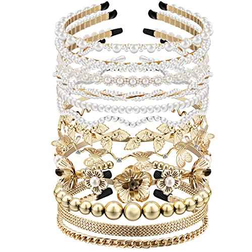 12 Pcs Pearls Headband Rhinestones Hairbands Faux Pearl White Bridal Headband Gold Alloy Flower Head Band Metallic Butterfly Hair Hoop Wedding Hair Accessories for Women, 12 Styles