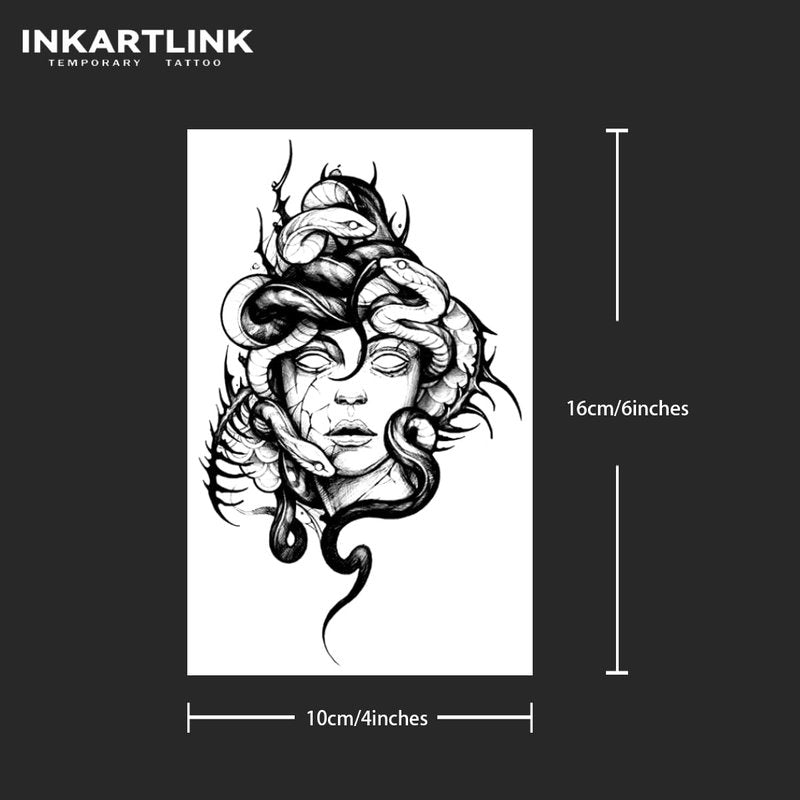 INKARTLINK Tattoo Tech, 2 Sheets Extra Large Semi Permanent Tattoo, Adult Art Design Temporary Tattoos, Lasts 1-2 Weeks, Waterproof, Realistic Look, No Adhesive, No Reflection (Medusa)
