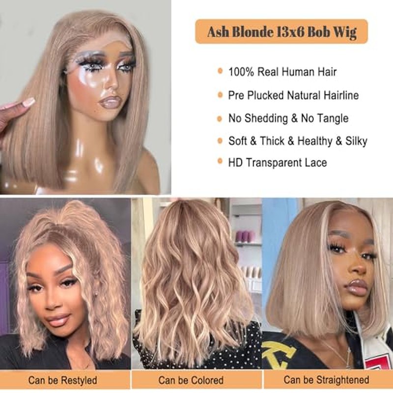 Munx Ash Blonde Bob Lace Front Wig Human Hair Pre Plucked Hairline 180% Density Short Bob HD Human Hair Wigs for Women 13x6 Deep Part Lace Front Wig Bleached Knots 8in