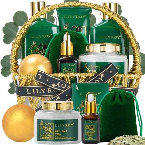 Spa Gift Basket for Christmas Gifts - 9 Pieces Premium Eucalyptus Bath & Body Care Kit for Women & Men, Holiday Gift for Mothers Day, Valentine's Day, Father's Day, Birthday with Shower Gel & More