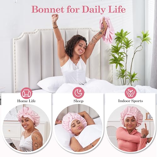 Tie Band Silk Satin Hair Bonnet for Sleeping Women Curly : Sleep Night Wrap Cap for Straight Wavy Coily Kinky Natural Hair Head - Pink