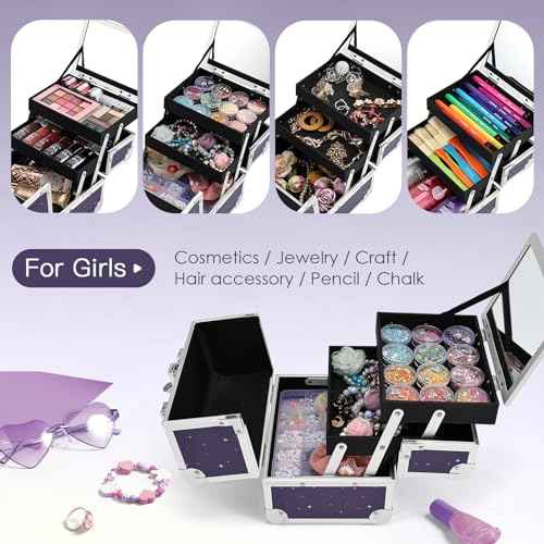 Joligrace Makeup Case for Girls Cosmetic Train Case Makeup Storage Box Jewelry Organizer Hair Accessories Lockable with Trays & Mirror Kids Gift Unicorn