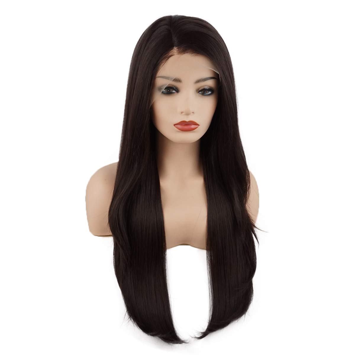 Meiyite Hair Straight Long 24inch Dark Auburn Heavy Density Realistic Heat Resistant Synthetic Lace Front Wig