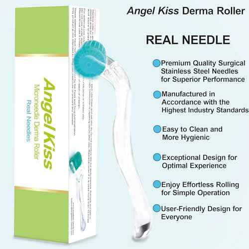 Derma Roller Real Needles - Angel Kiss 0.30mm Microneedling Roller with Case - 192 Stainless Steel Micro Needling Dermal Kit for Face, Scalp, Body - At Home Microdermabrasion Roller for Women Men